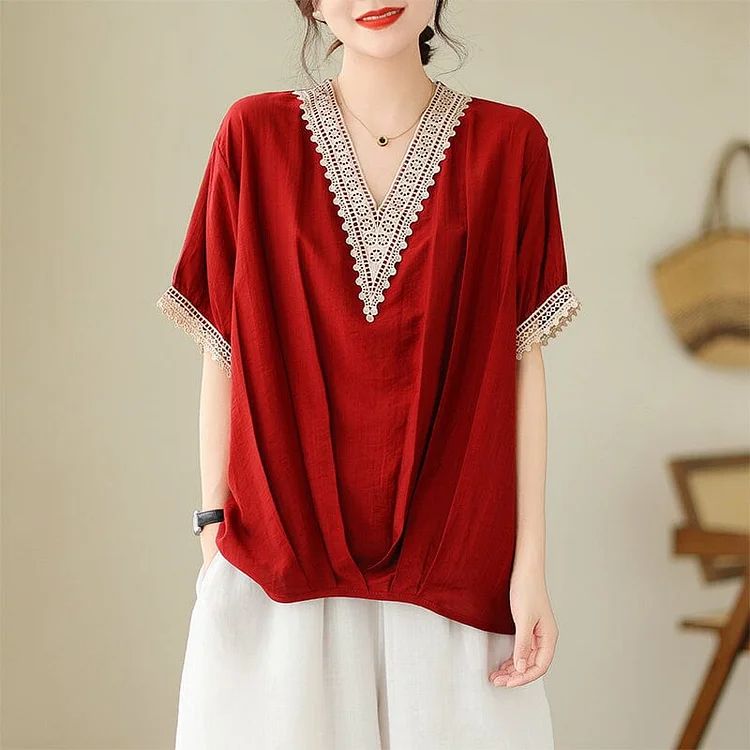 Women Summer Lace Trim Loose T-Shirt