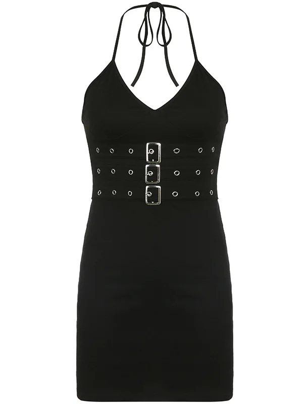 Statement Metal Buckle Strap Halter Solid Color Dress