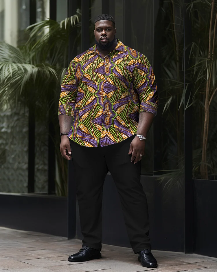 Men's Plus Size Lilac Pattern Long Sleeve Lapel Shirt Two-Piece Set