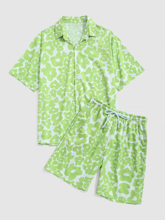 Flower Printed Button Up Short Sleeve Shirt And Pocket Shorts Set