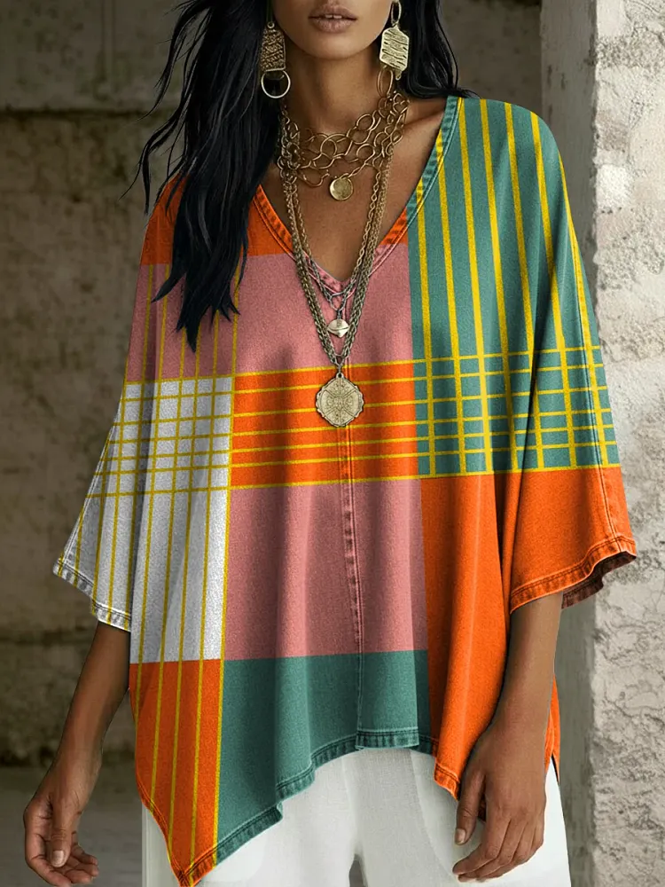 Women's Fashion Geometric Stripes Print V-neck Loose Shirt