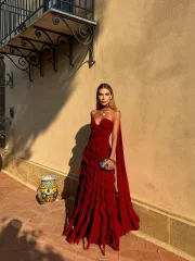 green emerald velvet dress Zapaka Women Fuchsia Long Prom Dress Strapless A Line Pleated Tulle Party Dress with Streamer, Fuchsia / US14