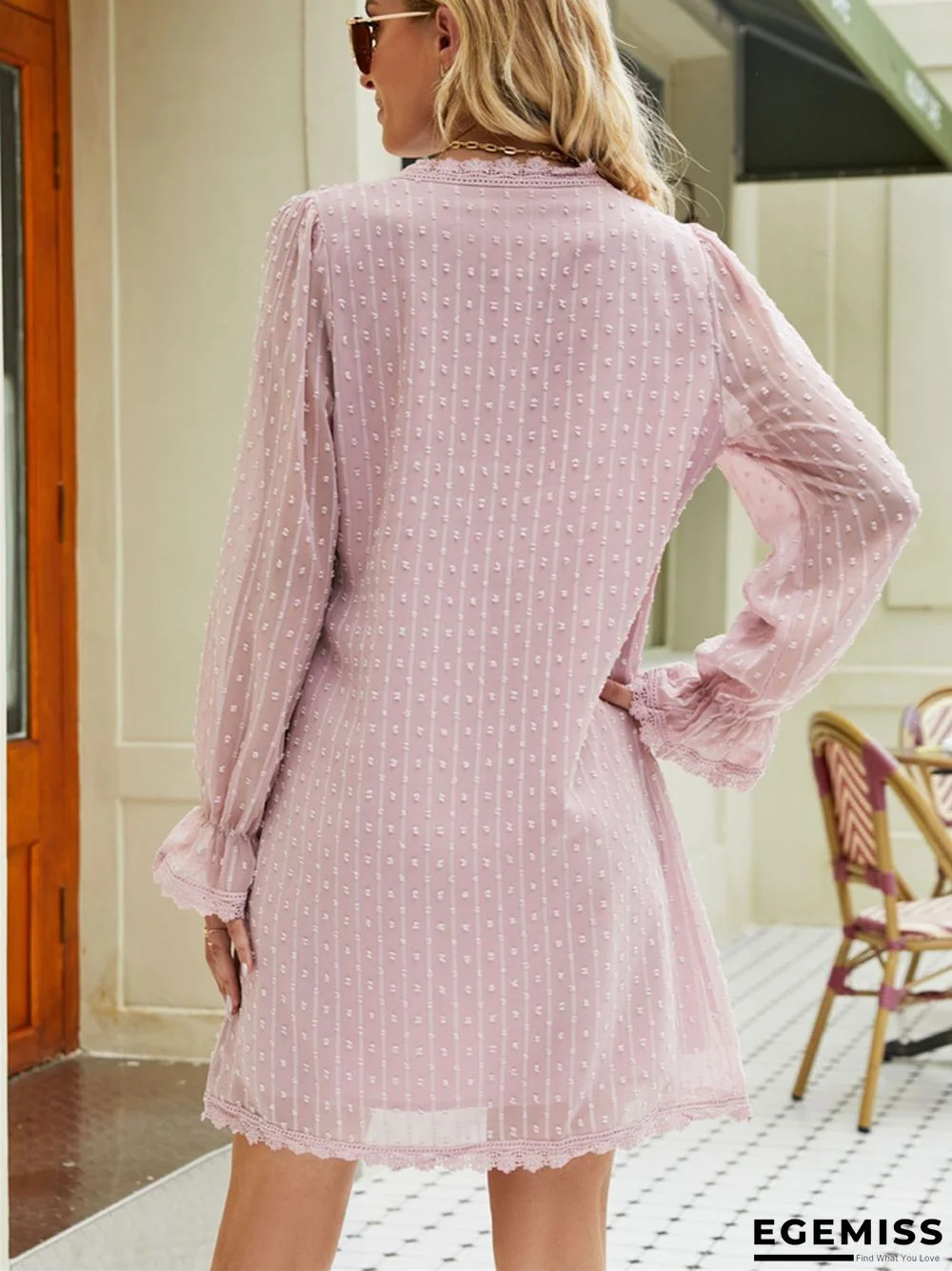 Casual Long Sleeve Solid Color Lace Chiffon V-neck Dress | EGEMISS