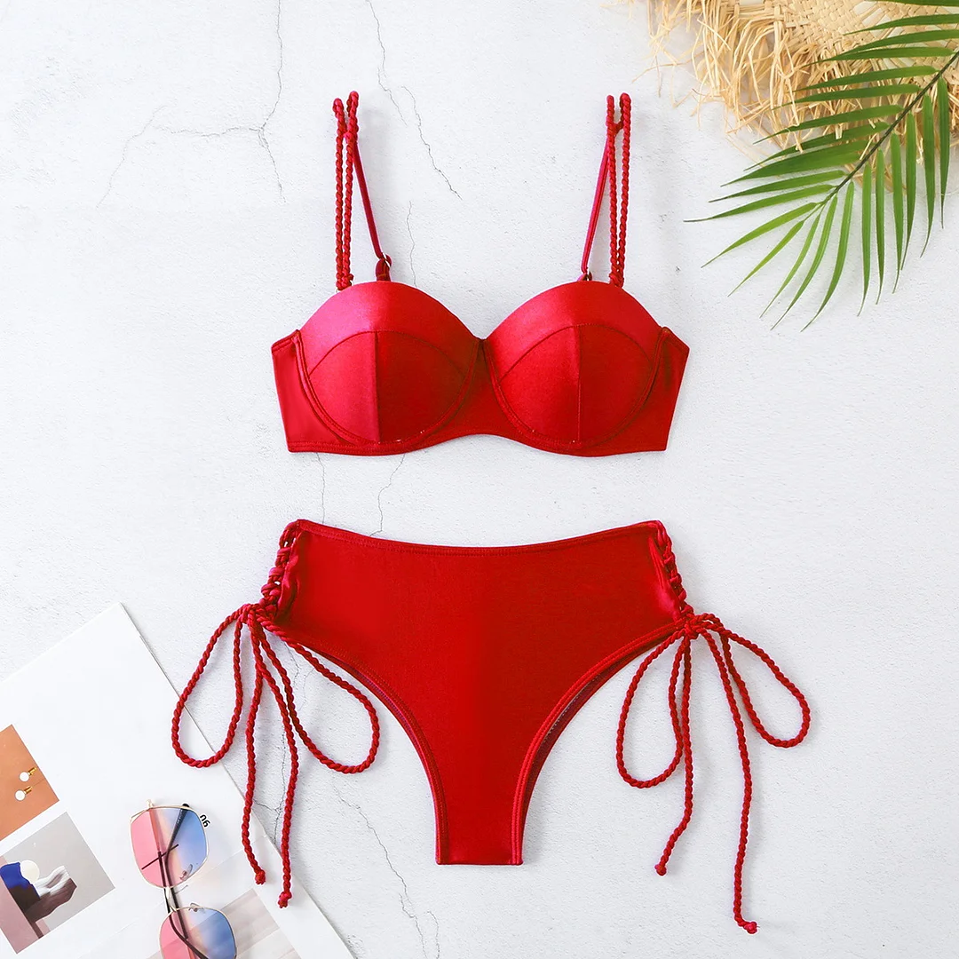 Uveng Multi-Color Solid Color Choreette Sling Sling Chest Hard Bag Bikini 2025 New High-Waisted Split Swimsuit Woman