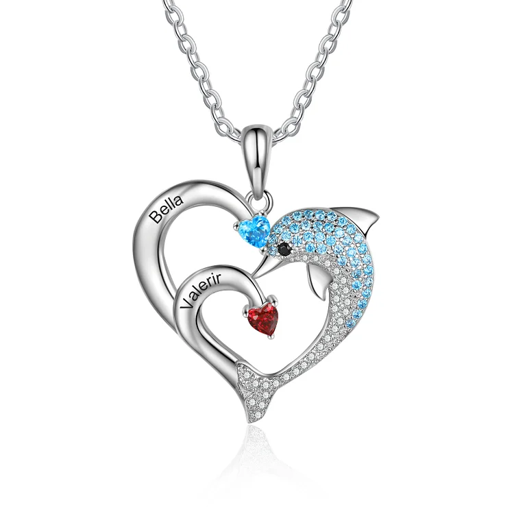 2 Names-Personalized Heart Dolphin Necklace With 2 Birthstones Engraved Names Gift For Her