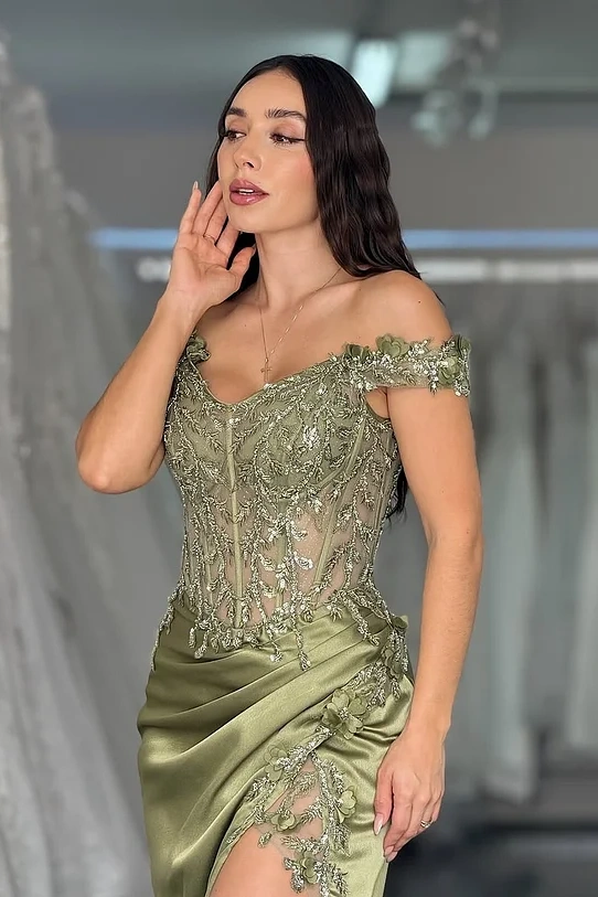 Daisda Green Sleeveless Off-Shoulders Mermaid Embroidery Prom Dress