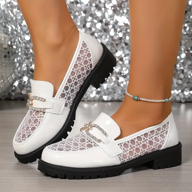 Oddychające mokasyny z siatki dla kobiet w kratę i akcentami KrysztalOw - buty preppy ze Strorzoną podszwą do pracy co dzień, czarne & biafe, urocze sznurowane loaferki, wiścienie z tkaniny 6