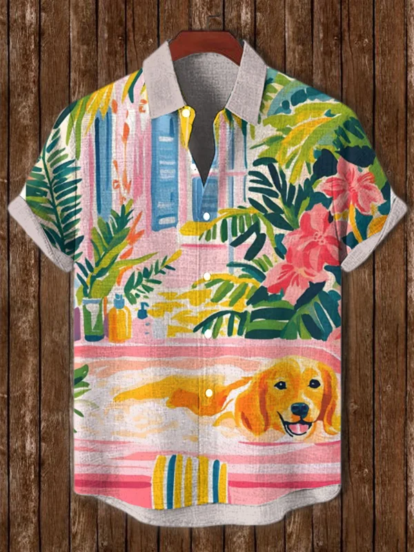 Men's The Dog Taking A Bath Printed Short Sleeve Shirt