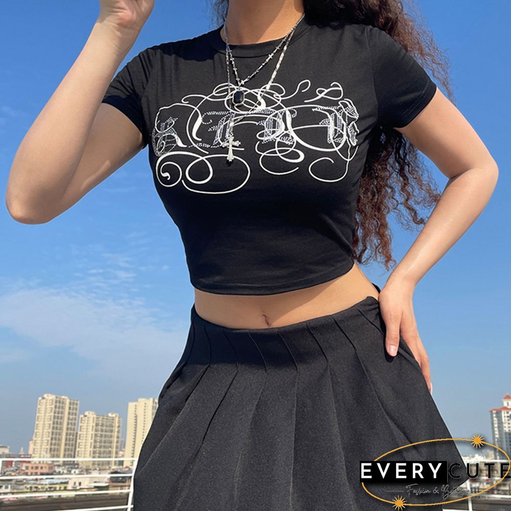 Printed Hot Rhinestone Slim Slimming Round Neck Short-Sleeved Top