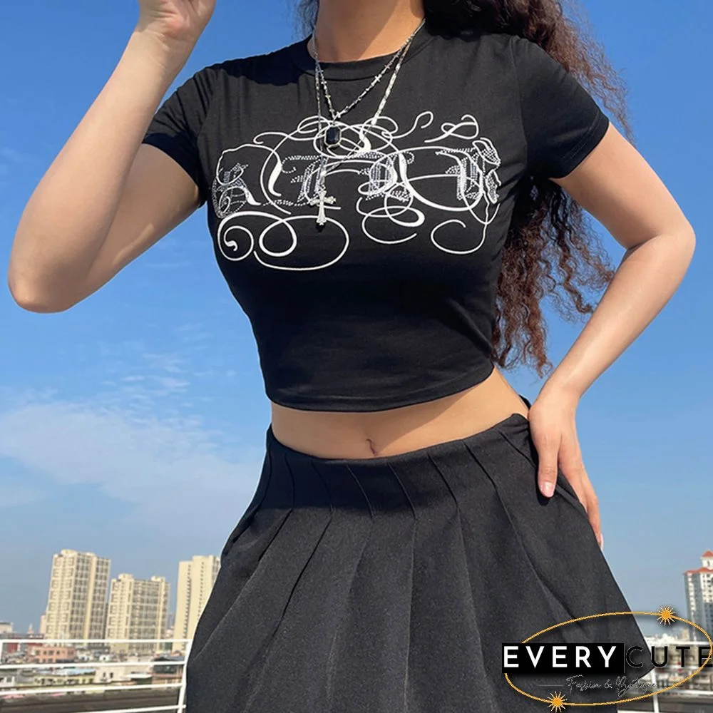 Printed Hot Rhinestone Slim Slimming Round Neck Short-Sleeved Top