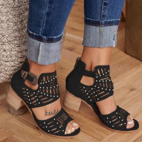 Women's Hollow Peep-toe Thick Heel Sandals