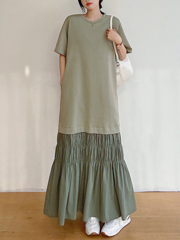 Pleated Patchwork Loose Short Sleeve Maxi Dress