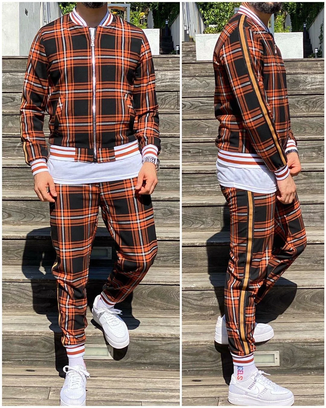Men's 3D Plaid Casual Top Sweatshirt Pants Set