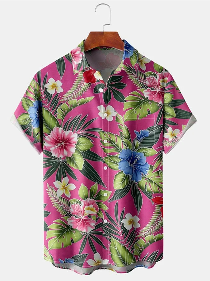 Mens Hawaiian Tropical Floral Print Lapel Loose Chest Pocket Short Sleeve Shirts
