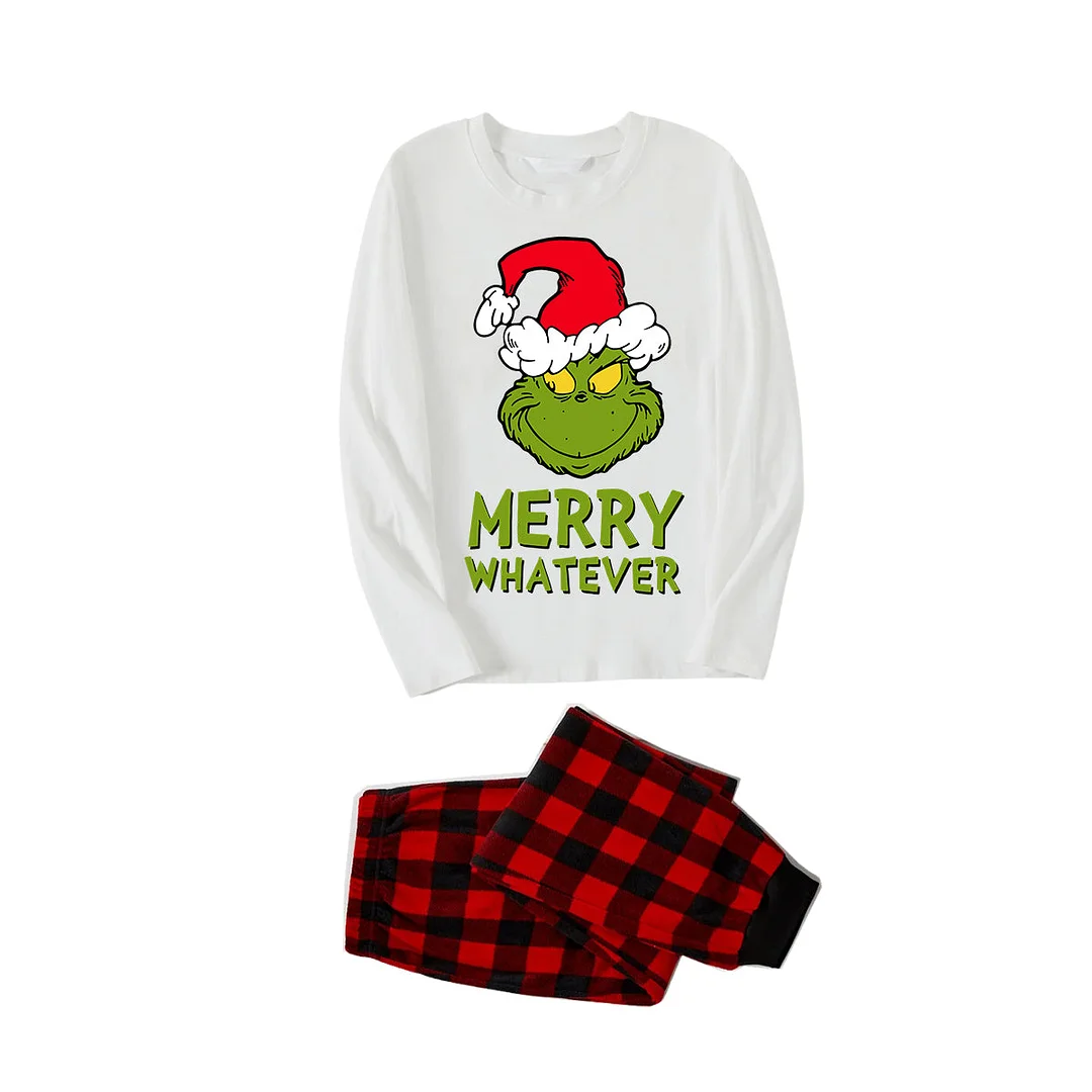 Wear Santa Hat Green Elf Cartoon Pattern "Merry Christmas" Lettering Prints Contrast White Long Sleeve with Red&Black Plaid Pants Family Matching Pajamas