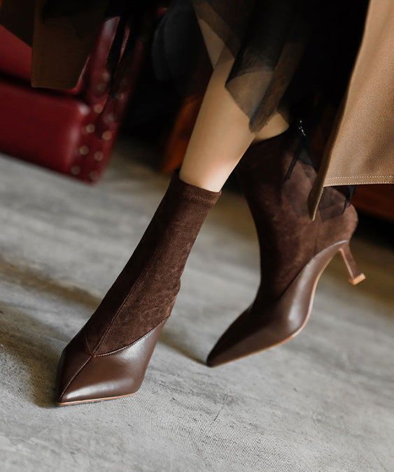 VCSHOES Splicing High Heel Boots Brown Cowhide Leather