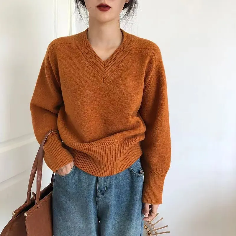 Churchf Churchf Autumn Winter New Style Lazy Wind Restoring Ancient Ways Temperament V Collar Design Sense Sweater Simple And Versatile Pure Color Sweater Female