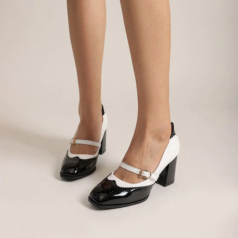 Black & White Patent Leather Closed Round Toe Strappy Pumps With Chunky Heels Nicepairs