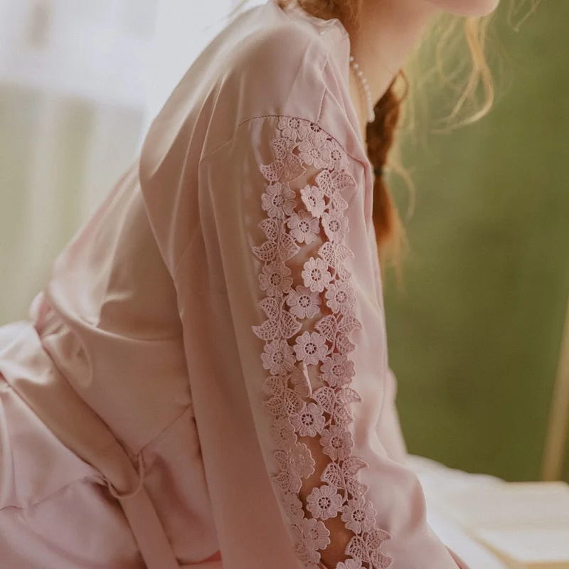 Silky Pajamas for Women Bathrobe Morning Gowns Lace-up Cutout Flower V-Neck Nightdress Gift for Wedding Homewear Sleep Set
