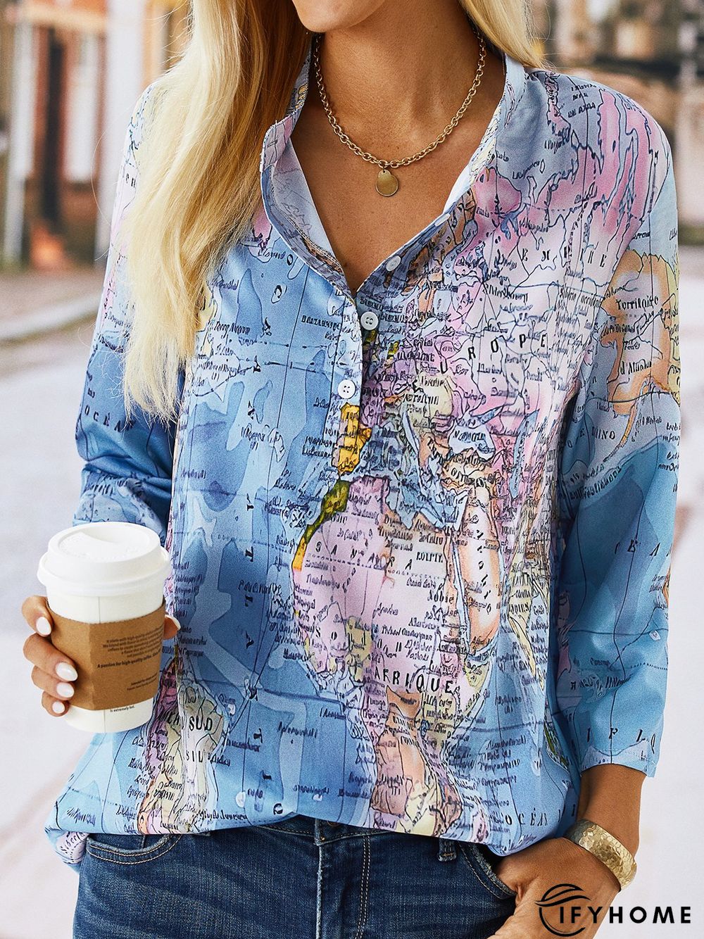 3/4 Sleeve Map Printed V Neck Casual Top | IFYHOME