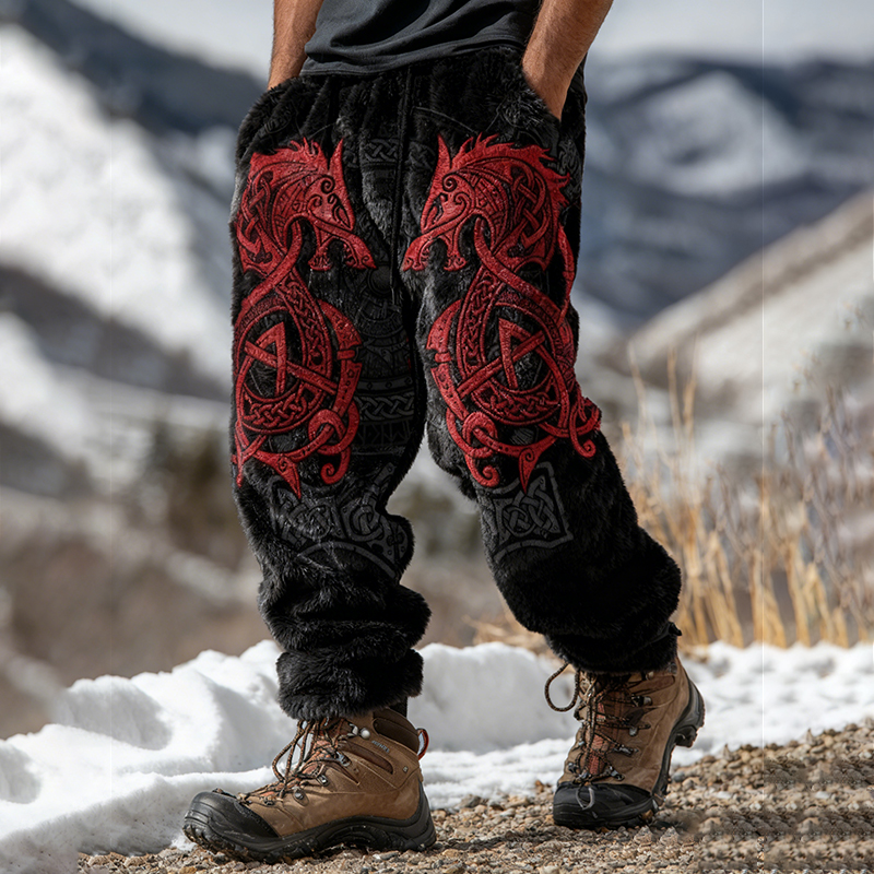 Men's Viking Dragon Embroidery Color Block Print Casual Flannel Pants elevenforest