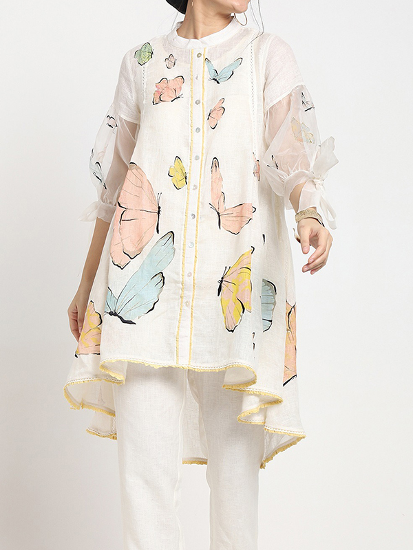 Multi-colored Butterfly Print Tie Sleeve Loose Blouses