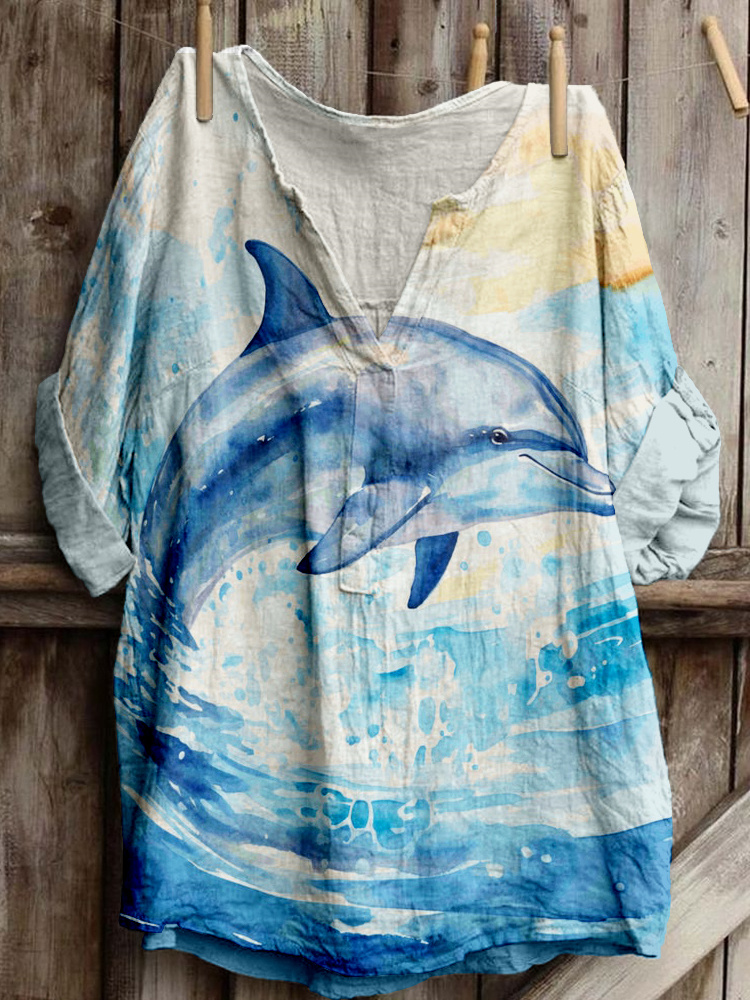 Comstylish Surfin Dolphin Art Pattern Linen Blend Cozy Tunic