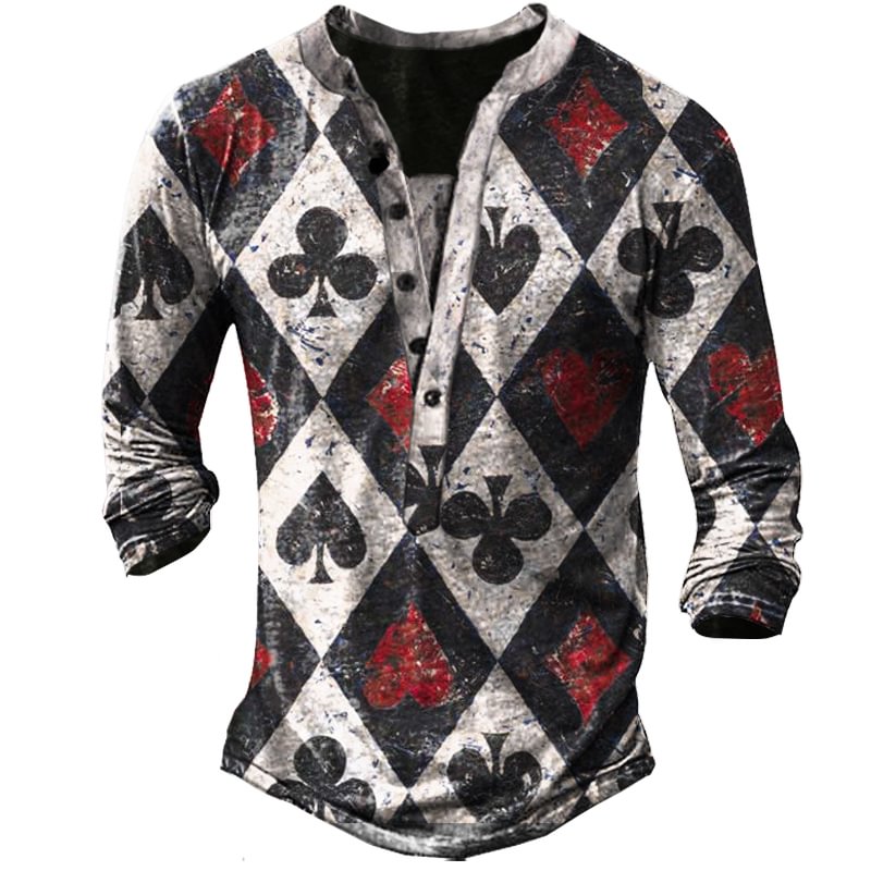 Men's Outdoor Playing Card Pattern Tactical Henley Collar T-shirt-Compassnice®