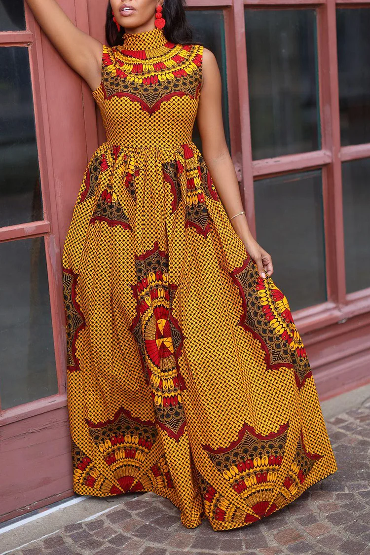 Plus Size Yellow Semi Formal Sleeveless African Print Ankara Mock Neck Maxi Dresses