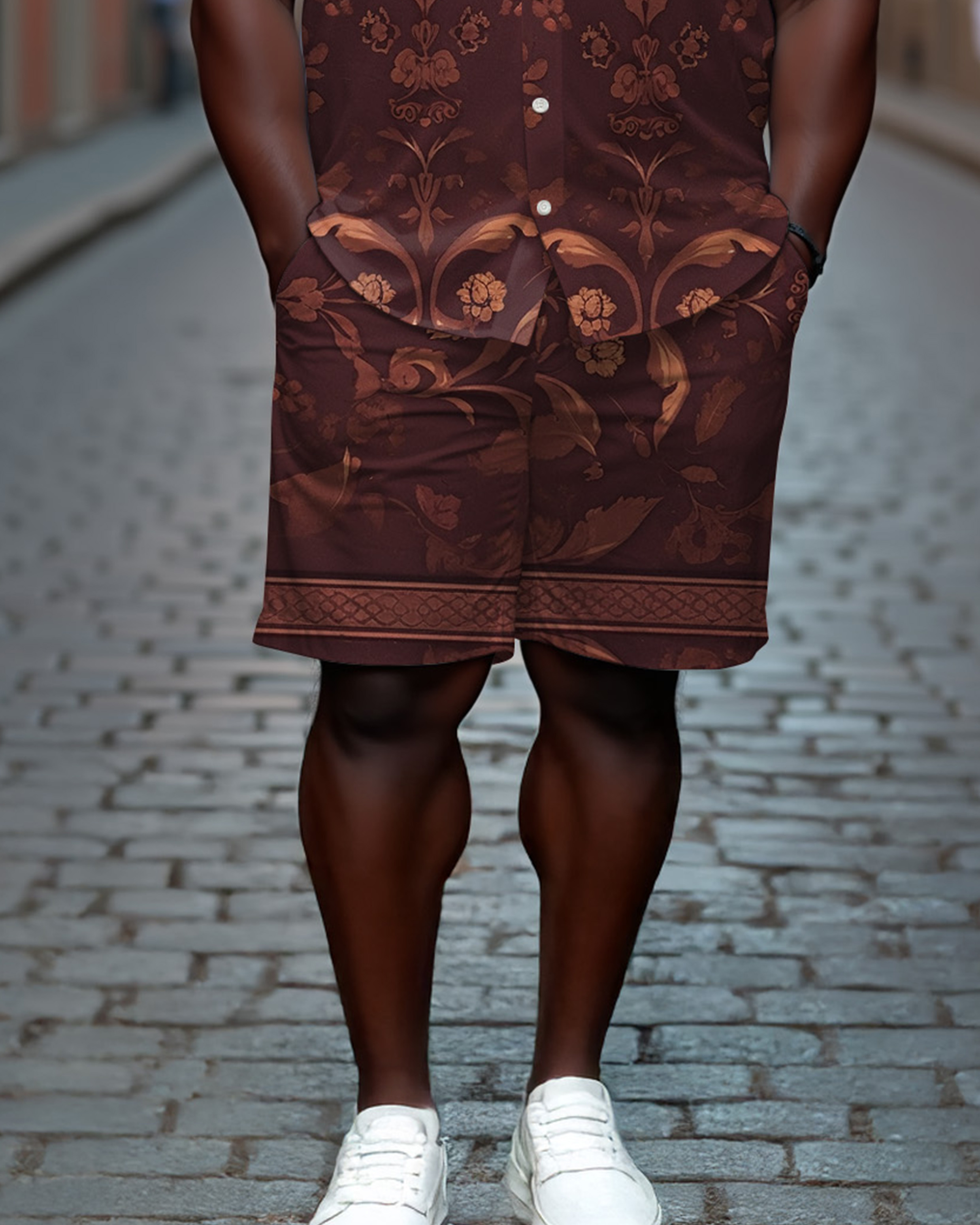 Men's Plus Size Luxury Wine Red Vintage Jacquard Casual Cuban Nair Short Sleeve Shirt Shorts Suit