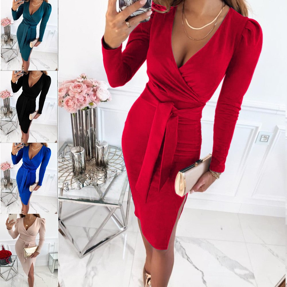 Women's Autumn Collar Sexy Temperament Commuter Lace-up Solid Color Dress