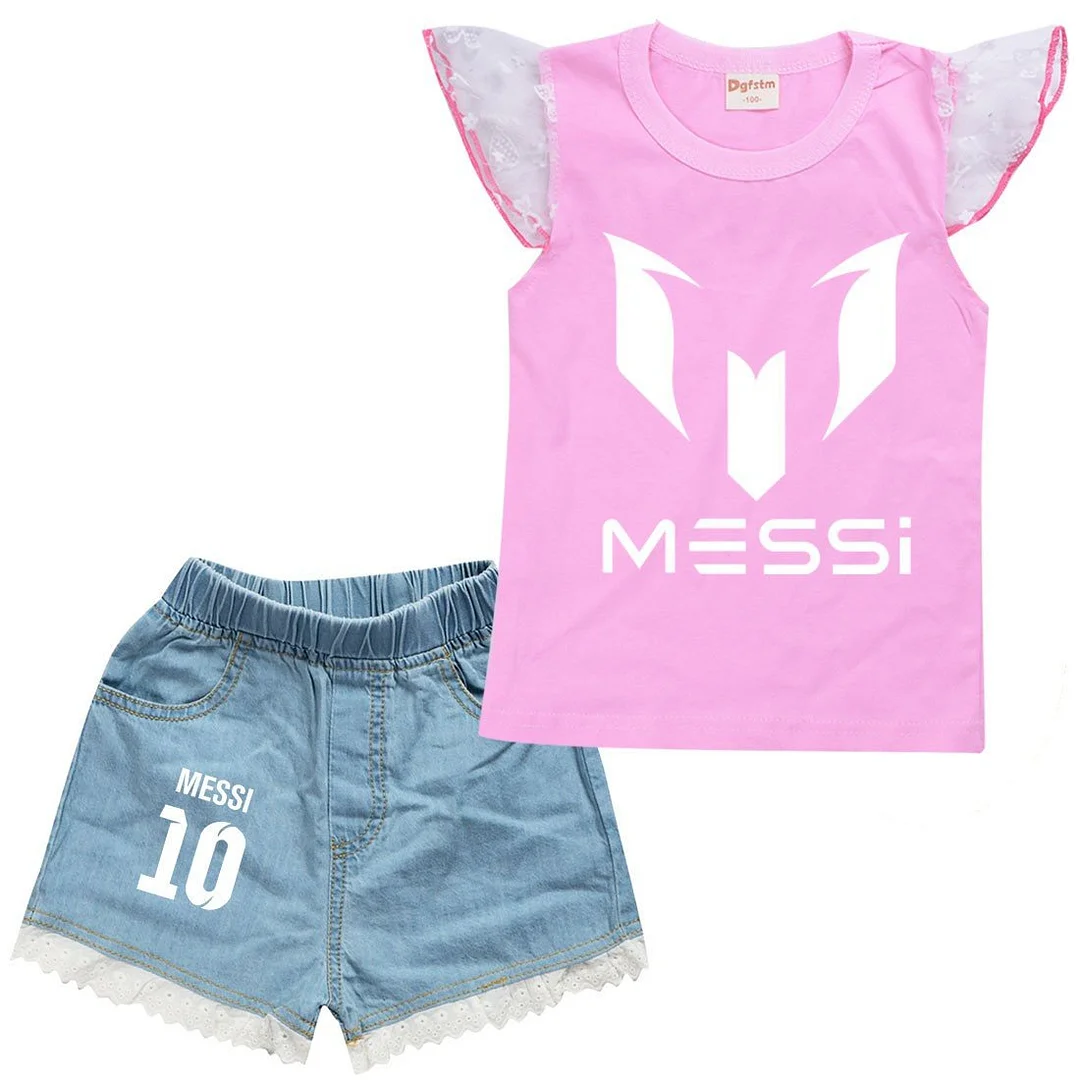 Girls Messi Print Cotton Ruffle Shoulder Tank Top Denim Shorts Sets