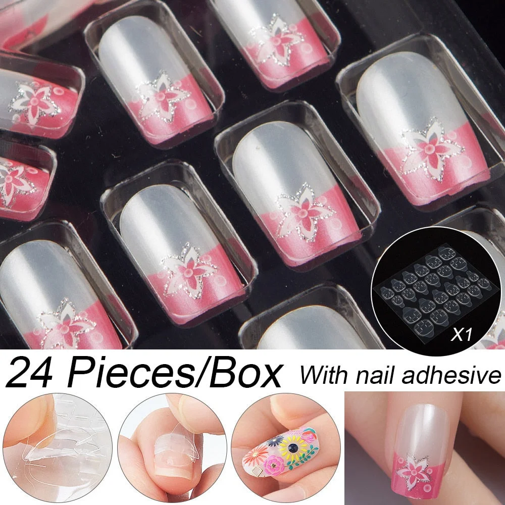 Fashion 24pc/set 10 Sizes Fake Nails Full Cover French False Nail Tips With Double-Sided Nail Adhesive Tab Press On Nails Art-Nail Inspo