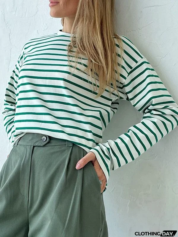 Long Sleeves Loose Striped Round-Neck T-Shirts Tops