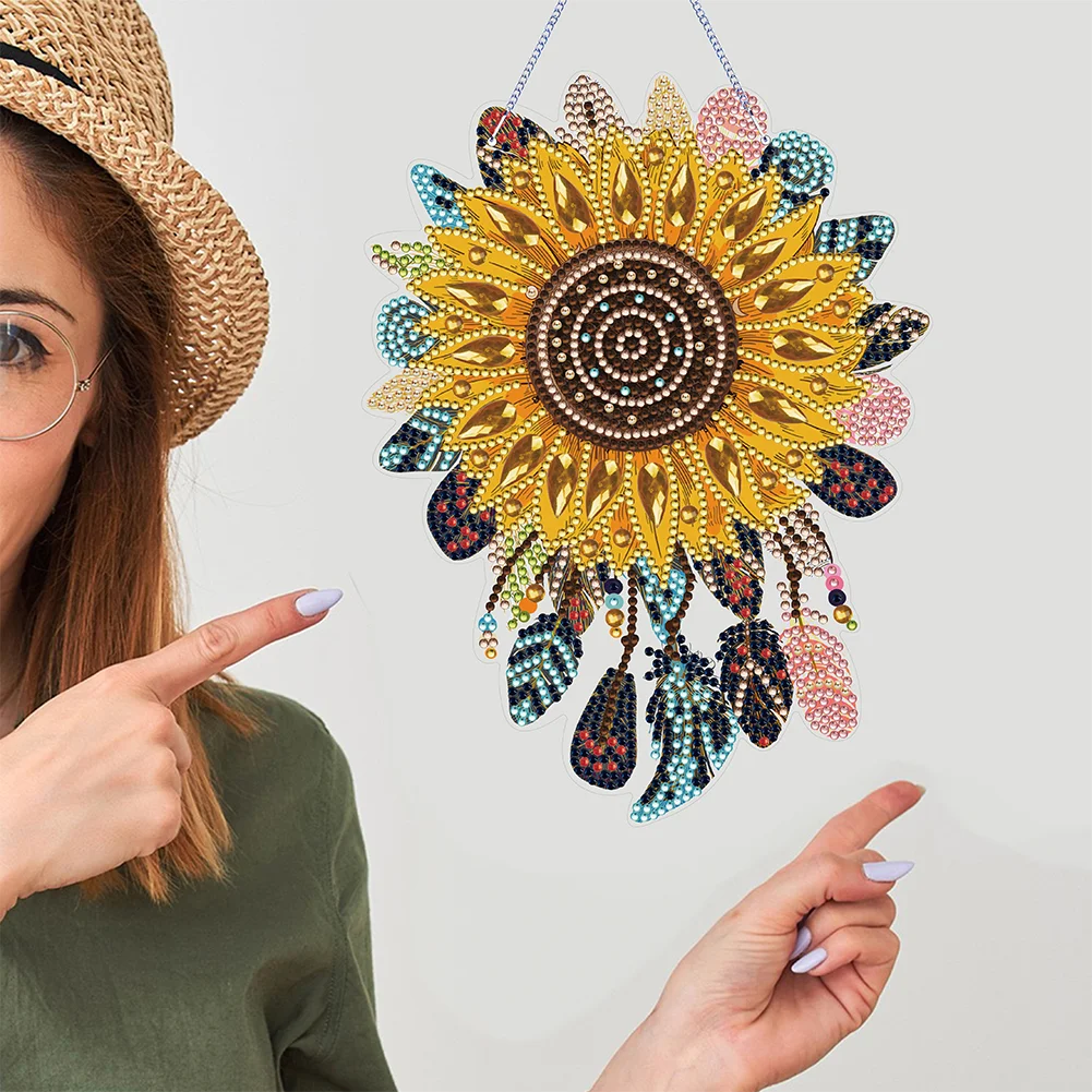 DIY Sunflower Dreamcatcher Acrylic Single-Sided Diamond Painting Hanging Pendant for Home Wall Decor 
