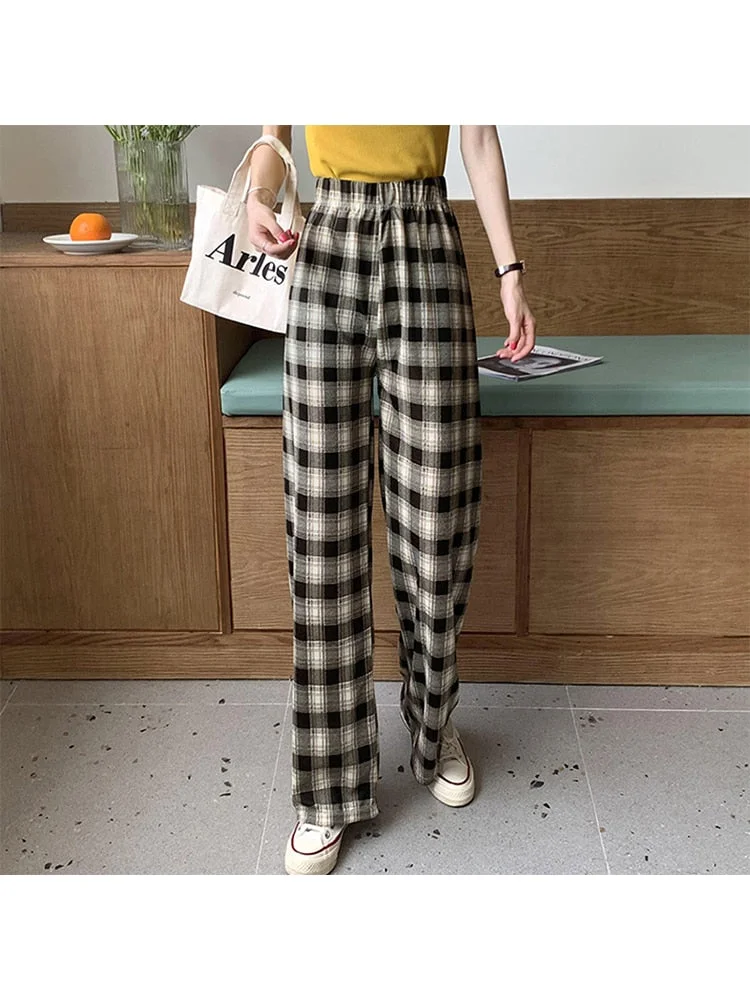 2022 New Harajuku Plaid Long Pants Loose Casual Women Thin Baggy Trousers Streetwear Wide Leg Summer Fashion Slacks E-girl Y2k