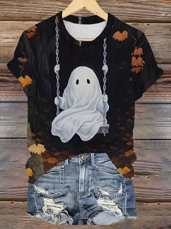 Women's Ghost On Swing Print Round Neck T-shirt