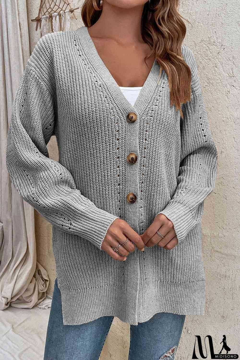 MidiSono - V-Neck Openwork Long Sleeve Cardigan
