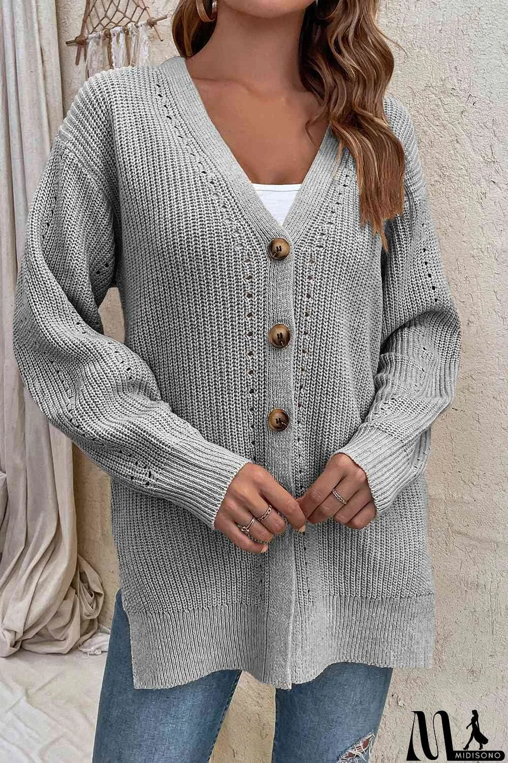 MidiSono - V-Neck Openwork Long Sleeve Cardigan