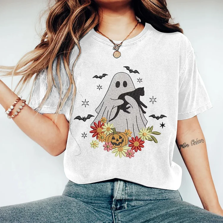 Pumpkin Floral Ghost With Cat Embroidery Fall Printed Art Women's T-shirt