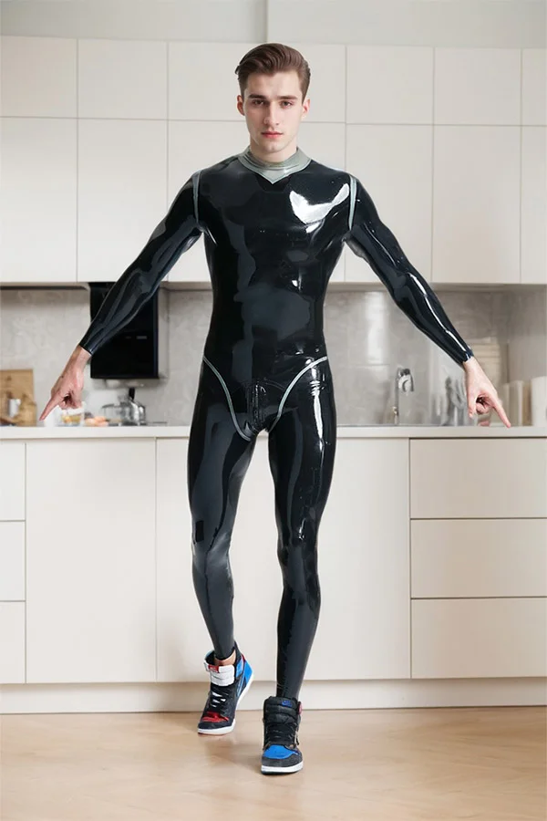 Men Latex Catsuits Male Andromeda Futuristic Catsuit Classic Black and Gray Catsuit with 3-Way Zipper
