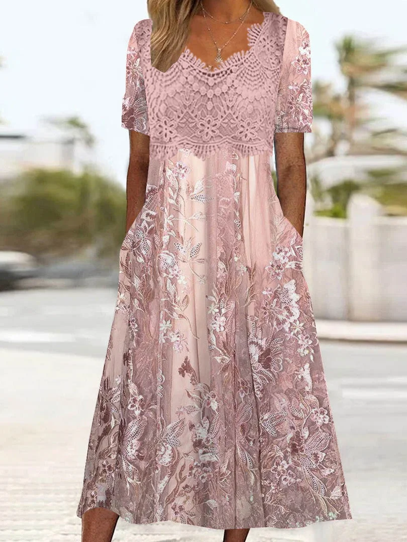 Women's Short Sleeve V-neck Floral Printed Lace Stitching Midi Dress
