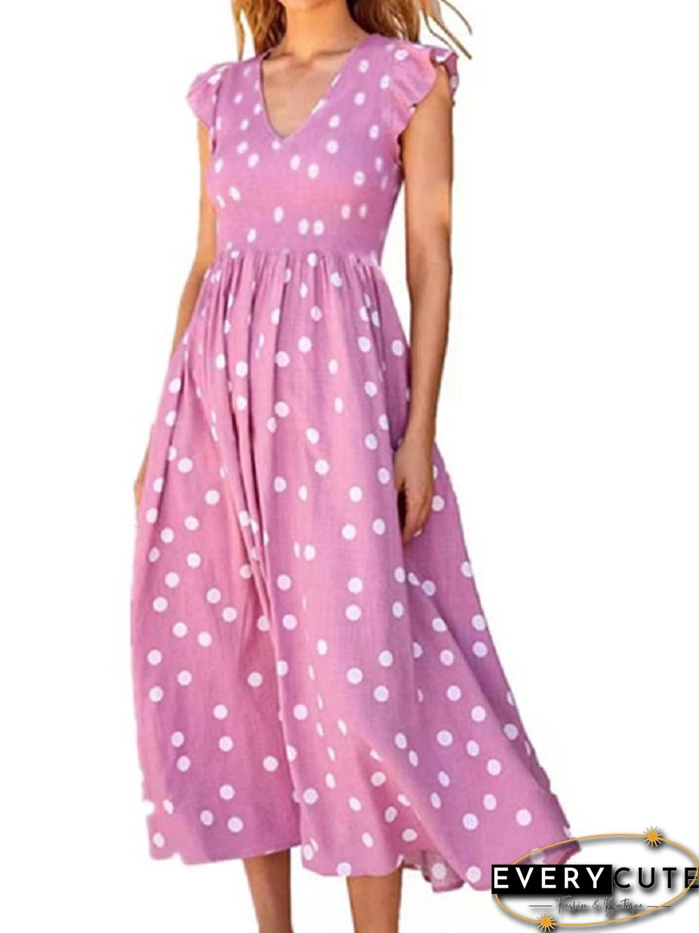 V-neck Waist Polka Dot Printed Dress