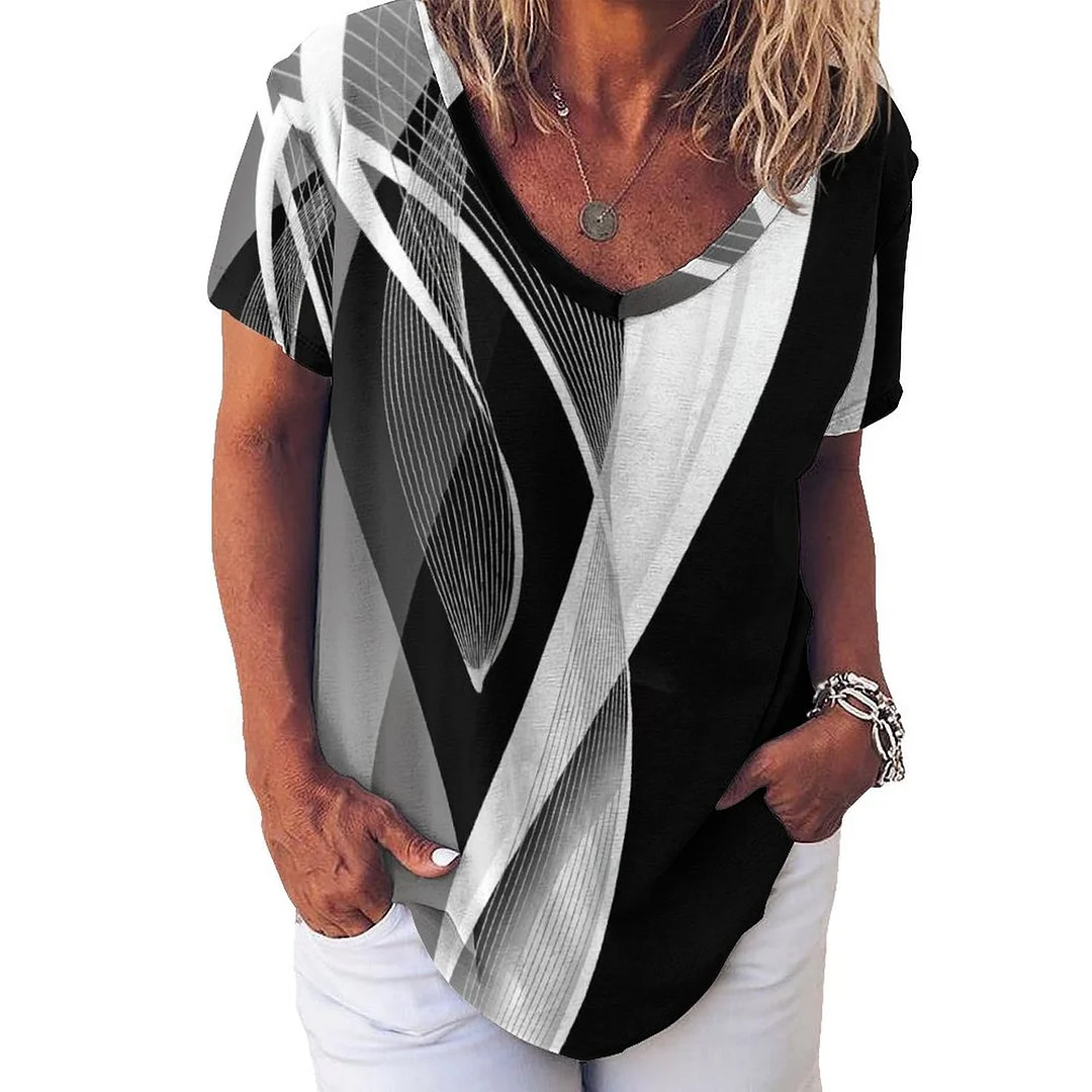 V-neck Short Sleeve Casual T-shirt for  Women Printed with Pattern Graphic, Black, Ray