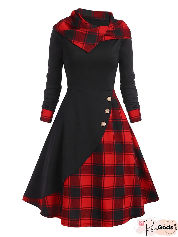 Vintage Dress Women Hooded Plaid Mock Button Overlap Midi Dress Gothic Punk Long Sleeve Casual Sexy Party Dress Harajuku