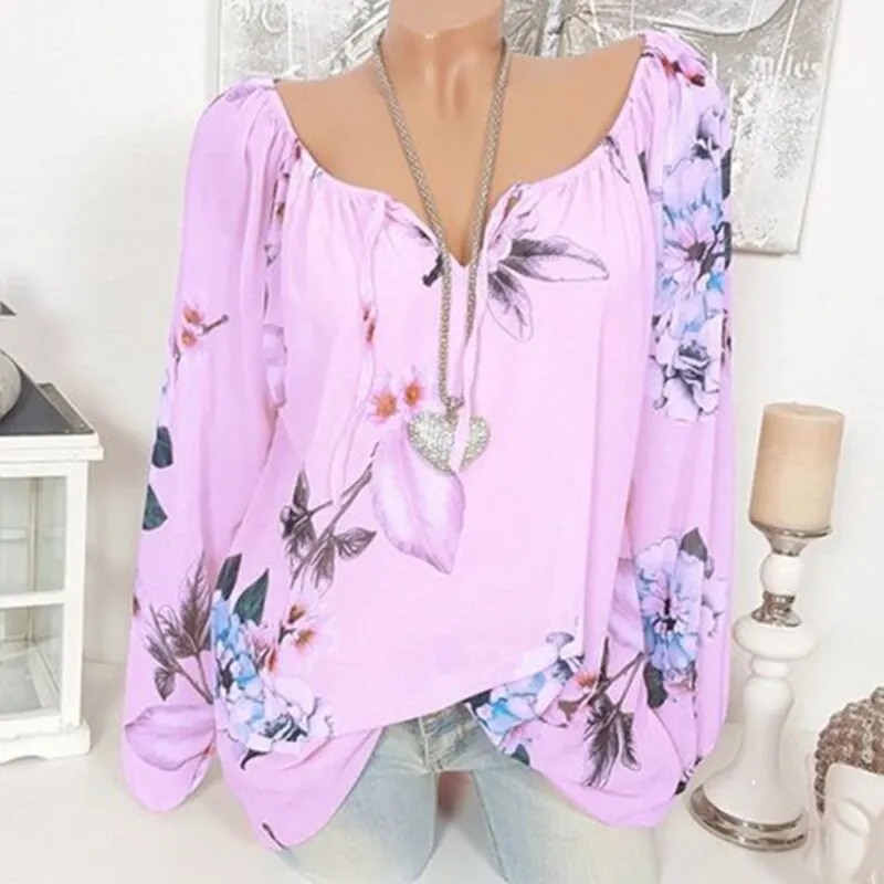 Fashion Floral Print Women Blouse Trendy Long Sleeve Blouse Tops Lace Up Plus Size Off Shoulder Shirts