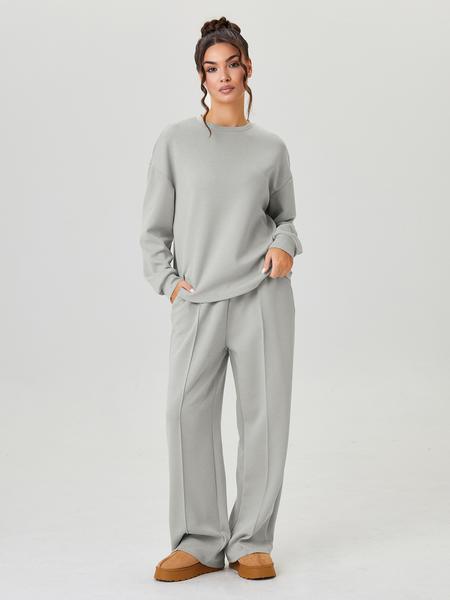 Women's Casual Solid Color Loose Long Sleeve Top & Exposed Stitches Trousers Co-ord Women's Casual Solid Color Loose Long Sleeve Top & Exposed Stitches Trousers Co-ord