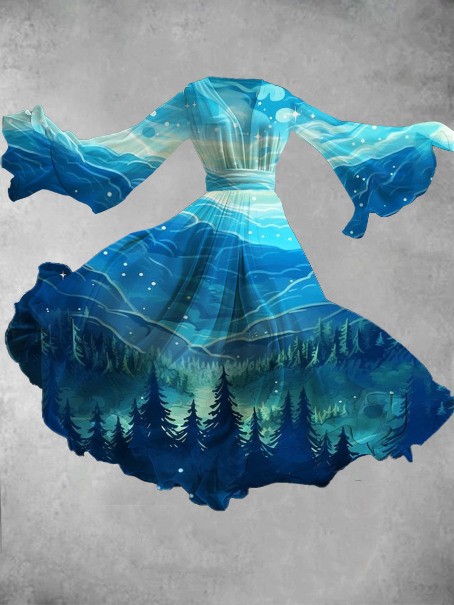 Abstract Forest Art Print Vintage V-neck Long Sleeve Flowy Midi Dress