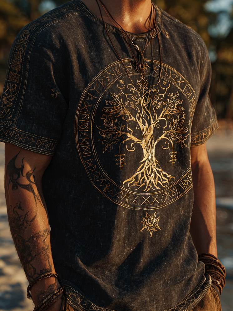 Men's Viking Mythology Nordic Tree Of Life Retro Coastal Yggdrasil T-Shirt / Rvogue / Rvogue