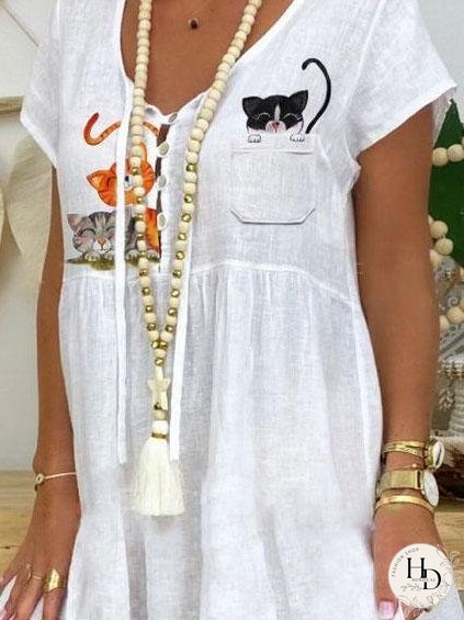 Casual Cartoon Cat Print Short Dress